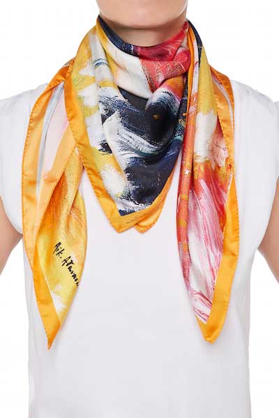 The Art and Fashion Project Orange Abstract Silk Scarf on model