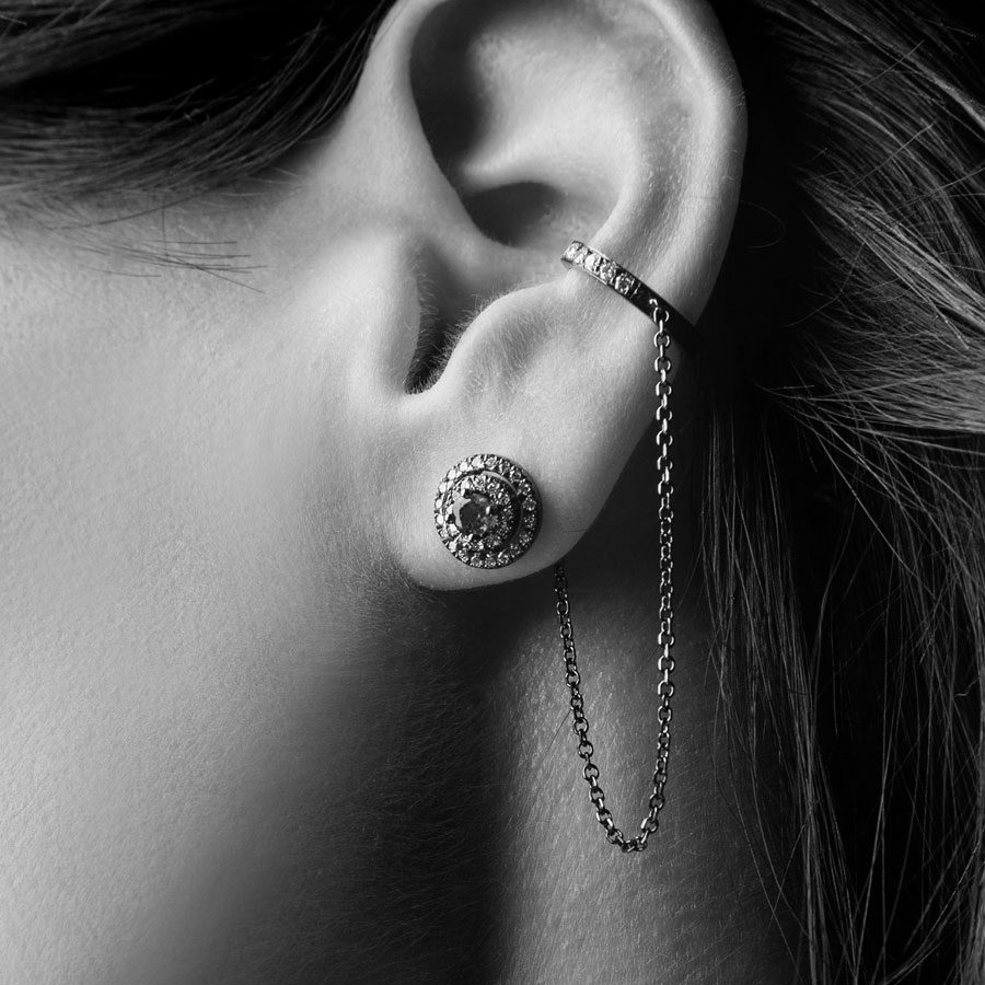 Anais Kostinou Orbit Chroma Pink Link Earrings on model
