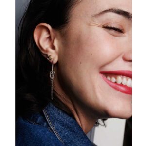 Polina Ellis Tethrippon earrings and Erechtheus Lobe Earrings on model